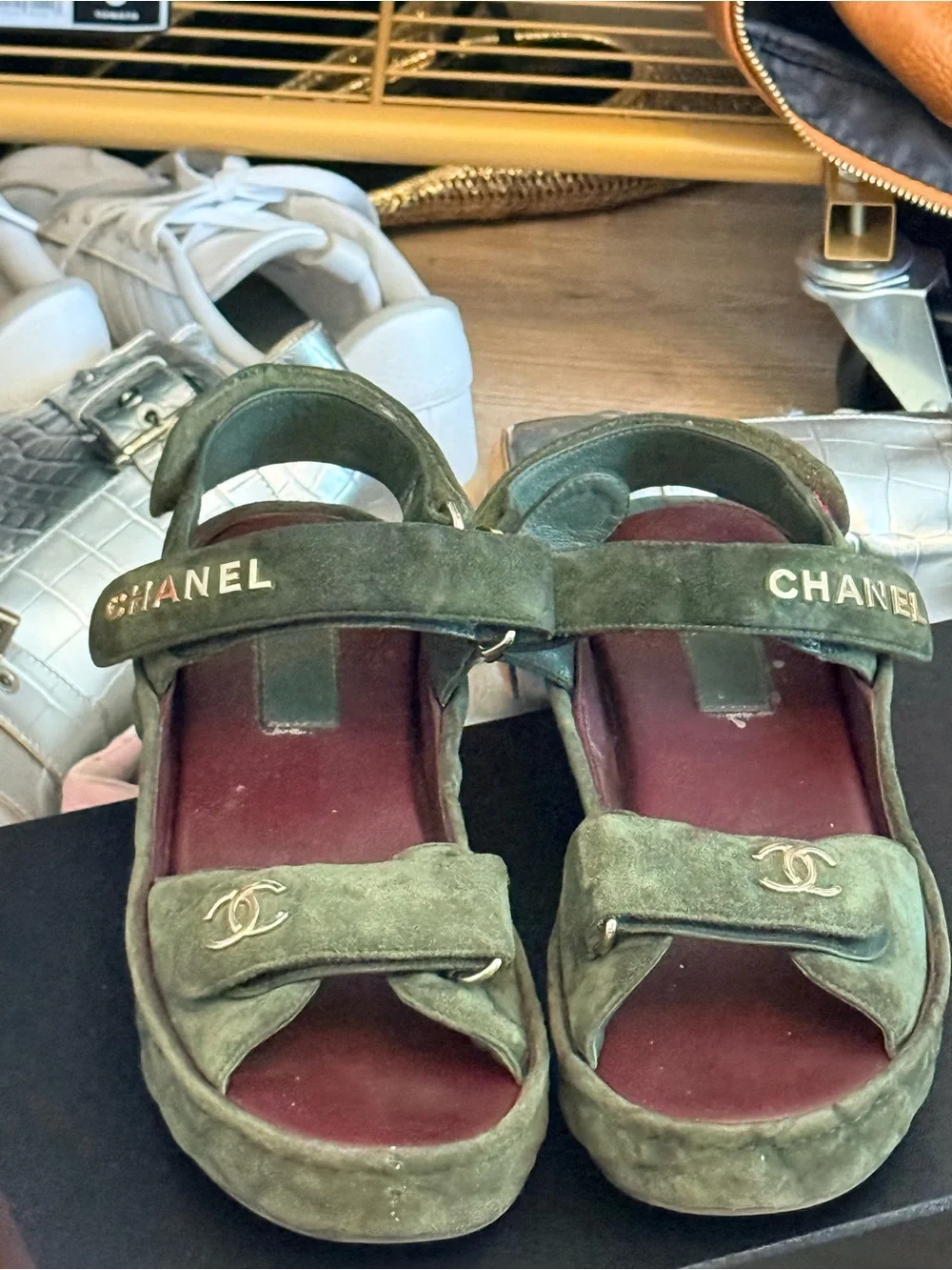 CHANEL Dark Green Dad Quilted Suede Platform Sandals with Gold Logos